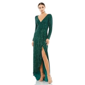 IEENA FOR MAC DUGGAL 26395 Sequin Wrap Long Sleeve Evening Gown 12 NEW